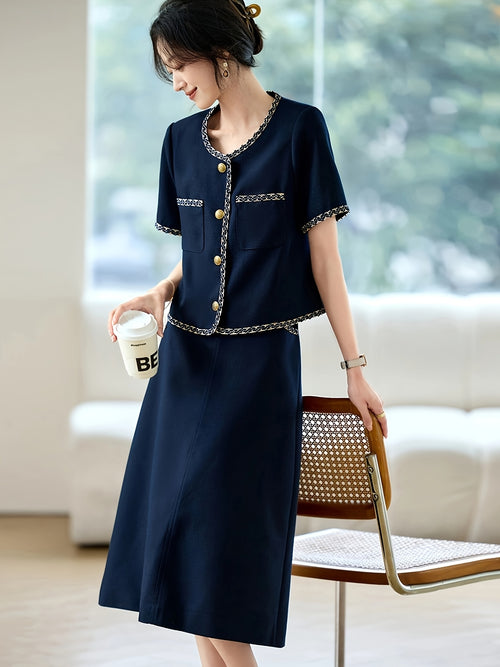 2025 Summer Round Neck Short Sleeve Shirt High Waist Midi Skirt Set