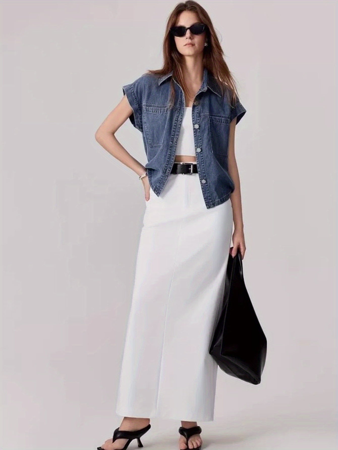 French-Inspired Retro Hong Kong Style Women's Denim Shirt Jacket - Summer Sleeveless Cropped Top with Rolled Shoulders & Waist-Cinching Design, Machine Washable Solid Color Casual Chic Outerwear, Denim Tops for s, Casual Attire, Nonstretch Fabric