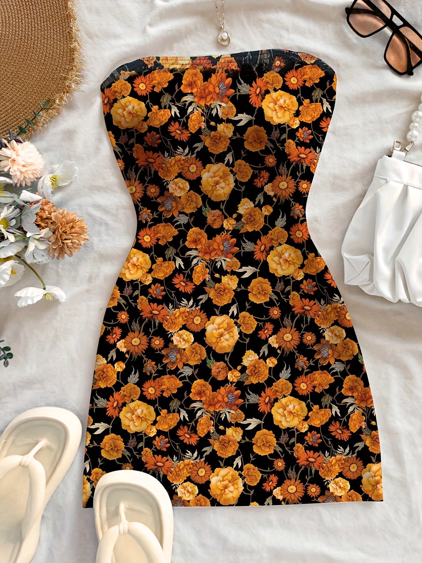 Women's Strapless Floral Print Mini Dress - Vibrant Orange & Black Floral Pattern, Machine Washable, Medium Stretch for Music Festivals, Parties, Summer Events, Cute Dress, Party Outfit, Comfortable Fit