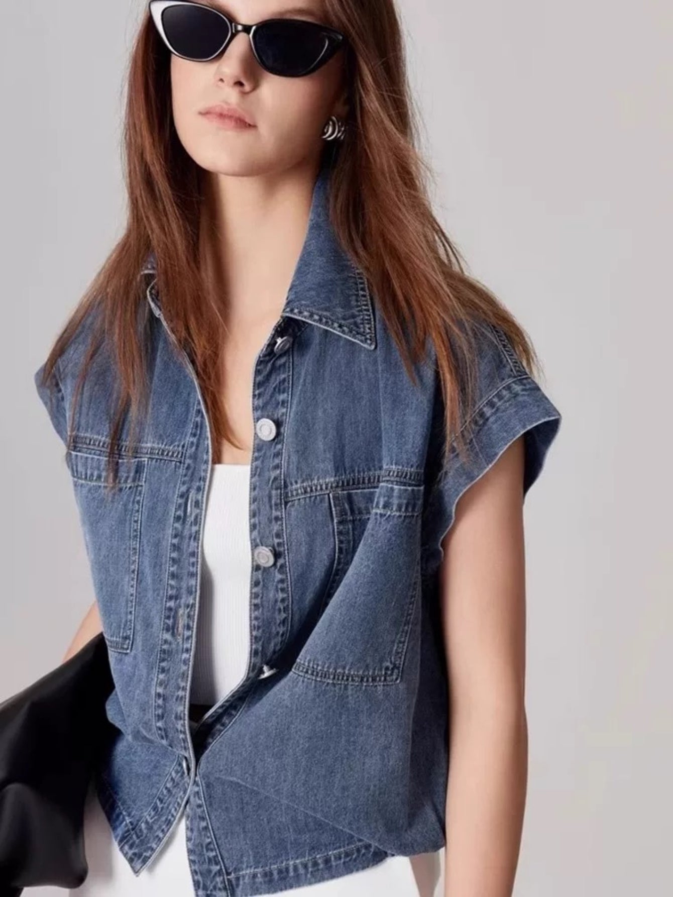 French-Inspired Retro Hong Kong Style Women's Denim Shirt Jacket - Summer Sleeveless Cropped Top with Rolled Shoulders & Waist-Cinching Design, Machine Washable Solid Color Casual Chic Outerwear, Denim Tops for s, Casual Attire, Nonstretch Fabric
