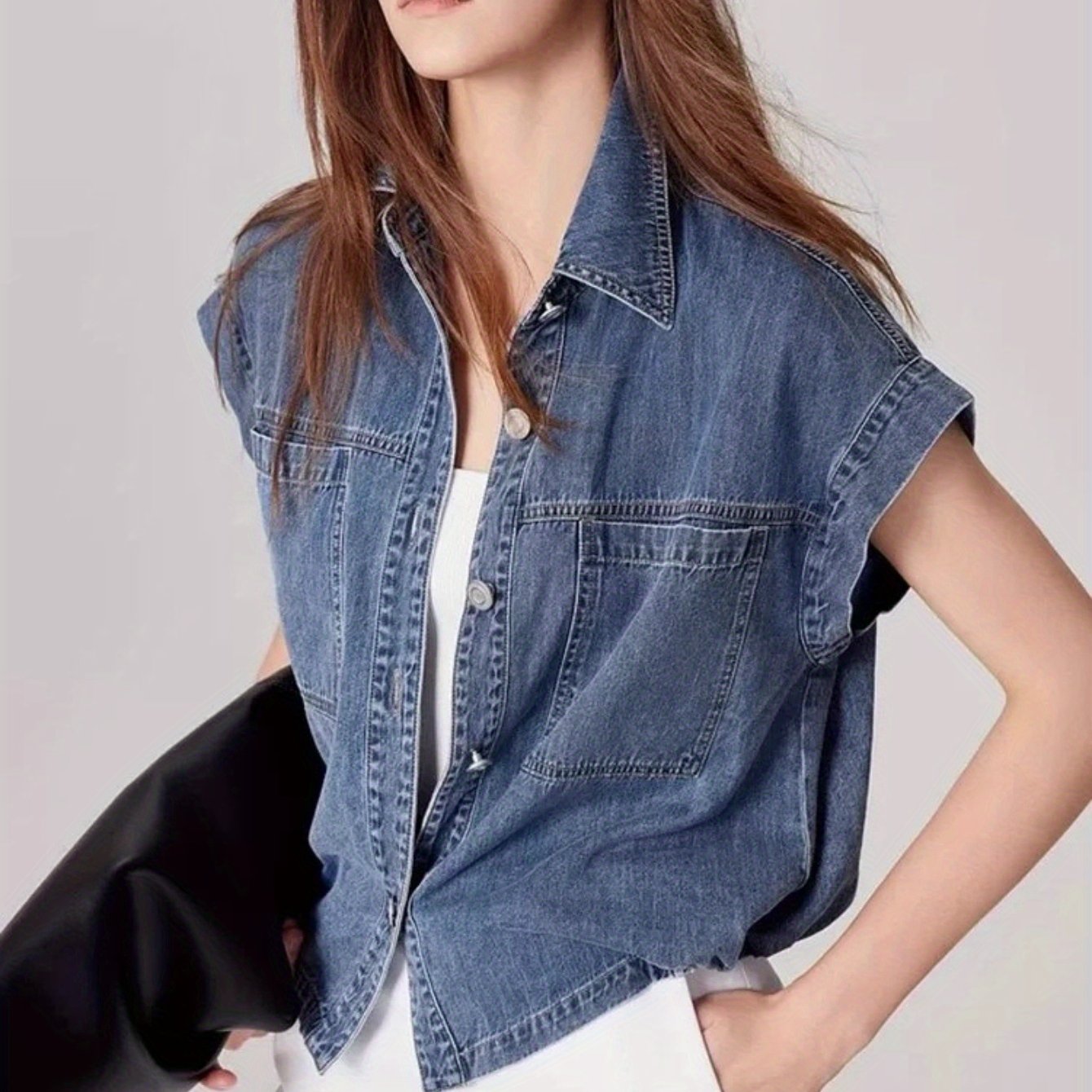 French-Inspired Retro Hong Kong Style Women's Denim Shirt Jacket - Summer Sleeveless Cropped Top with Rolled Shoulders & Waist-Cinching Design, Machine Washable Solid Color Casual Chic Outerwear, Denim Tops for s, Casual Attire, Nonstretch Fabric