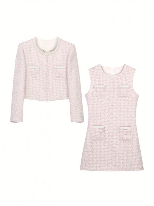 25 Spring And Autumn New Texture Jacquard Pink Small Fragrance Style Tweed Pearl Trim Suit Heavy Short Coat + Waist Dress Two-Piece Suit 2909