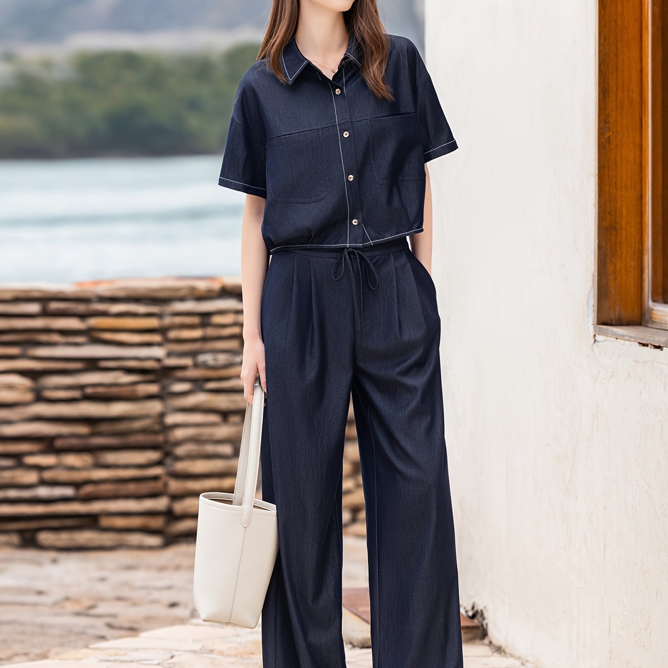 Stylish Loose-Fit Set Summer Outfit New Women's Top with Flared Pants Two-Piece T51B0081N