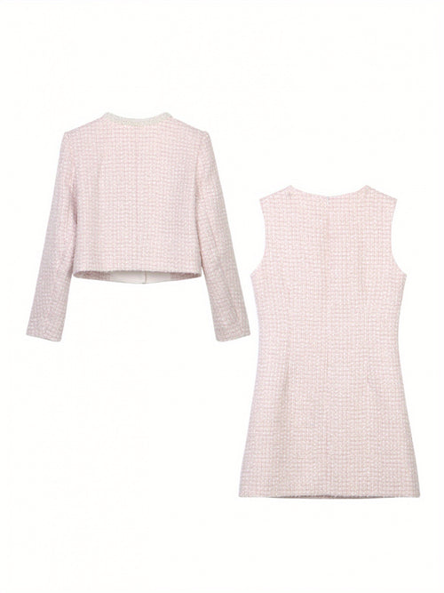 25 Spring And Autumn New Texture Jacquard Pink Small Fragrance Style Tweed Pearl Trim Suit Heavy Short Coat + Waist Dress Two-Piece Suit 2909