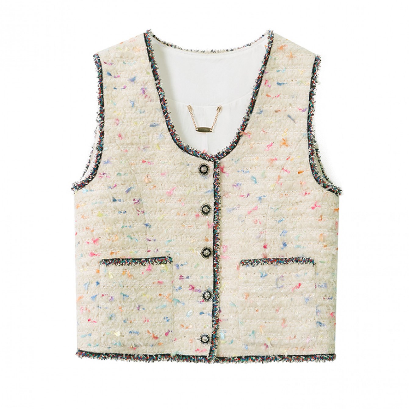 Colorful Butterfly Yarn Tweed Vest with Contrasting Color Webbing Single-Breasted Round Neck Vest 28985