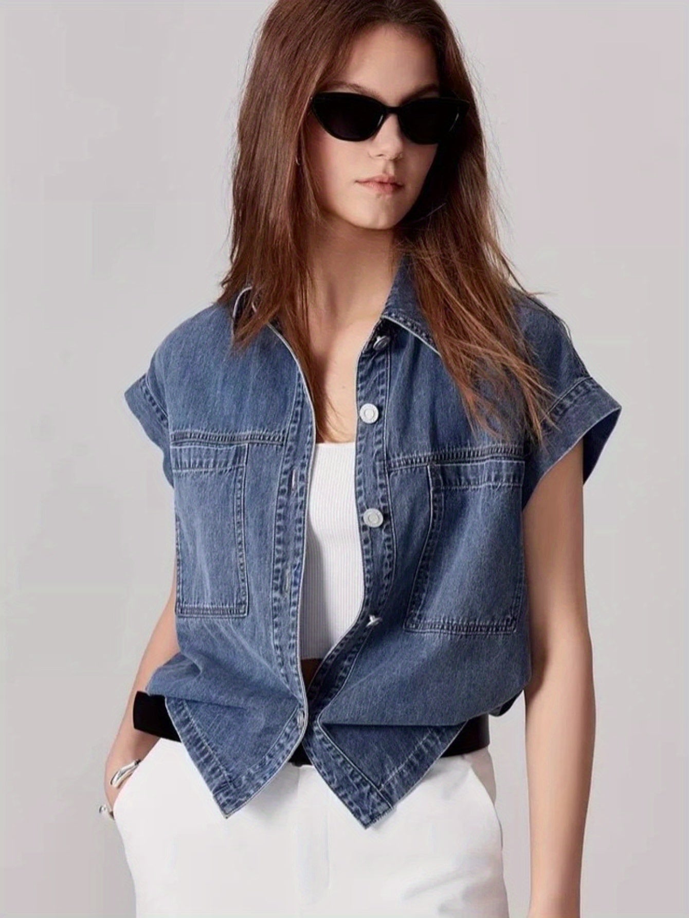French-Inspired Retro Hong Kong Style Women's Denim Shirt Jacket - Summer Sleeveless Cropped Top with Rolled Shoulders & Waist-Cinching Design, Machine Washable Solid Color Casual Chic Outerwear, Denim Tops for s, Casual Attire, Nonstretch Fabric