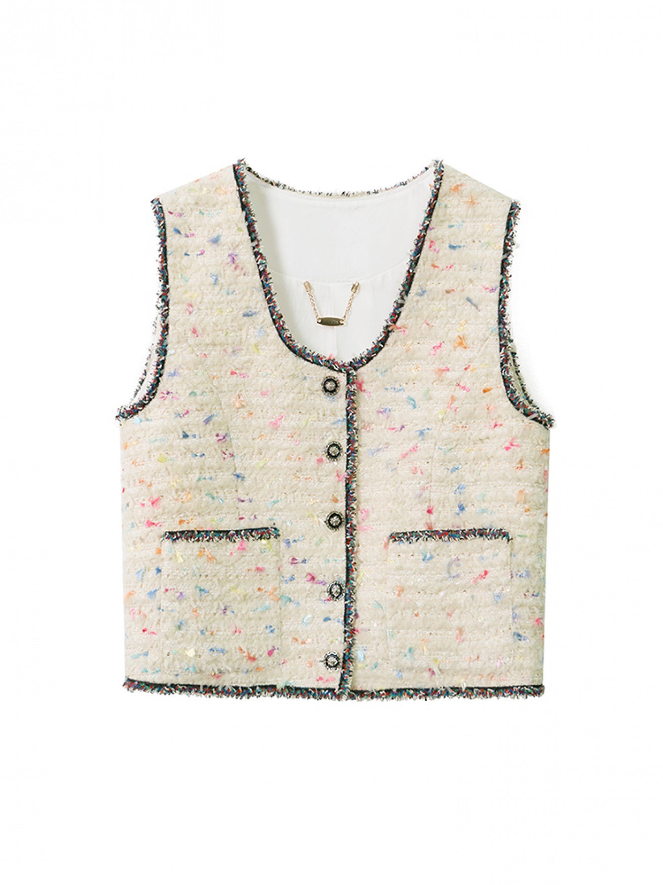 Colorful Butterfly Yarn Tweed Vest with Contrasting Color Webbing Single-Breasted Round Neck Vest 28985