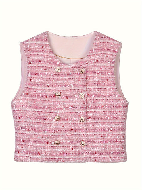 1pc Elegant Women'S Pink Striped Tweed Blazer, Sleeveless Double-Breasted Vest with Sequin Detail, Polyester, Round Neck, H-Line Silhouette, Non-Stretch, for Autumn\u002FWinter - Style 28568