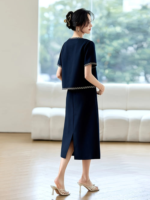 2025 Summer Round Neck Short Sleeve Shirt High Waist Midi Skirt Set