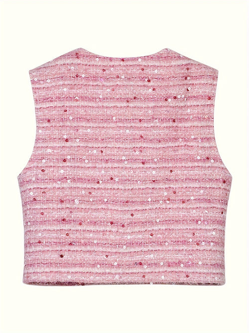 1pc Elegant Women'S Pink Striped Tweed Blazer, Sleeveless Double-Breasted Vest with Sequin Detail, Polyester, Round Neck, H-Line Silhouette, Non-Stretch, for Autumn\u002FWinter - Style 28568