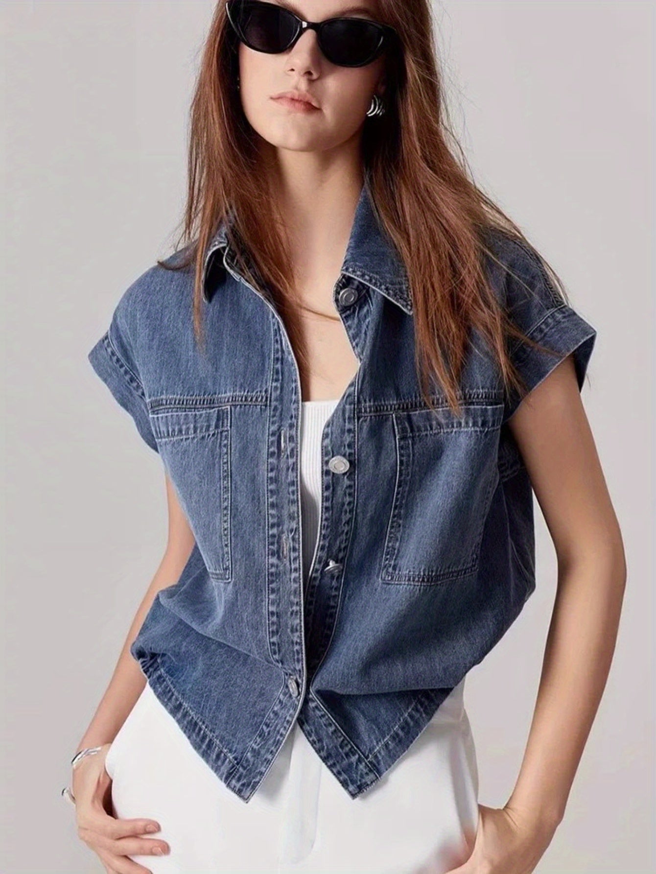 French-Inspired Retro Hong Kong Style Women's Denim Shirt Jacket - Summer Sleeveless Cropped Top with Rolled Shoulders & Waist-Cinching Design, Machine Washable Solid Color Casual Chic Outerwear, Denim Tops for s, Casual Attire, Nonstretch Fabric