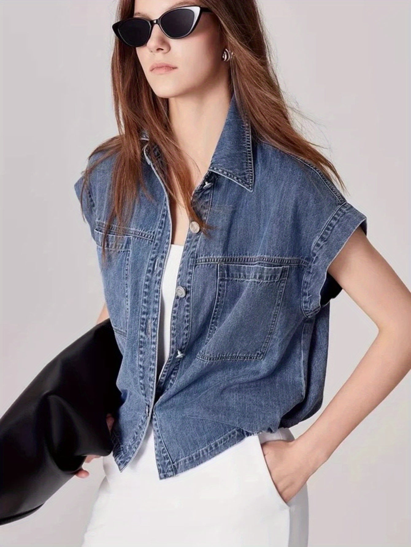 French-Inspired Retro Hong Kong Style Women's Denim Shirt Jacket - Summer Sleeveless Cropped Top with Rolled Shoulders & Waist-Cinching Design, Machine Washable Solid Color Casual Chic Outerwear, Denim Tops for s, Casual Attire, Nonstretch Fabric